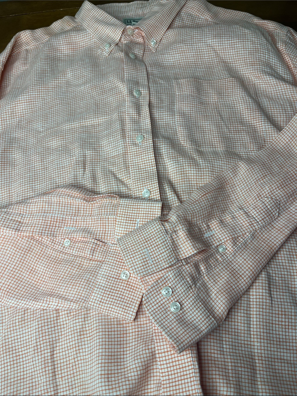 LL Bean Men’s  Long-Sleeve Button-Down Linen Shirt - Orange Check